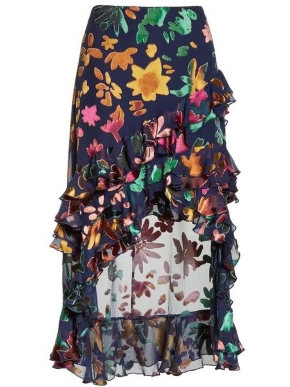 Alice & Olivia Sasha Skirt Burnout Velvet Silk Floral Leaves Ruffle High-Low